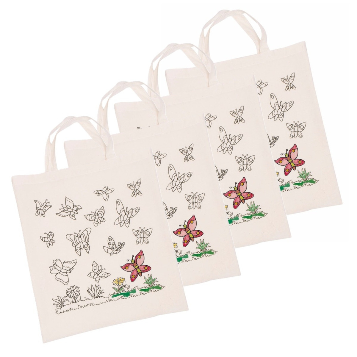 Inkleurbaar tasje DIY - 4x - vlinder motief - 38 x 42 cm - fairtrade katoen -