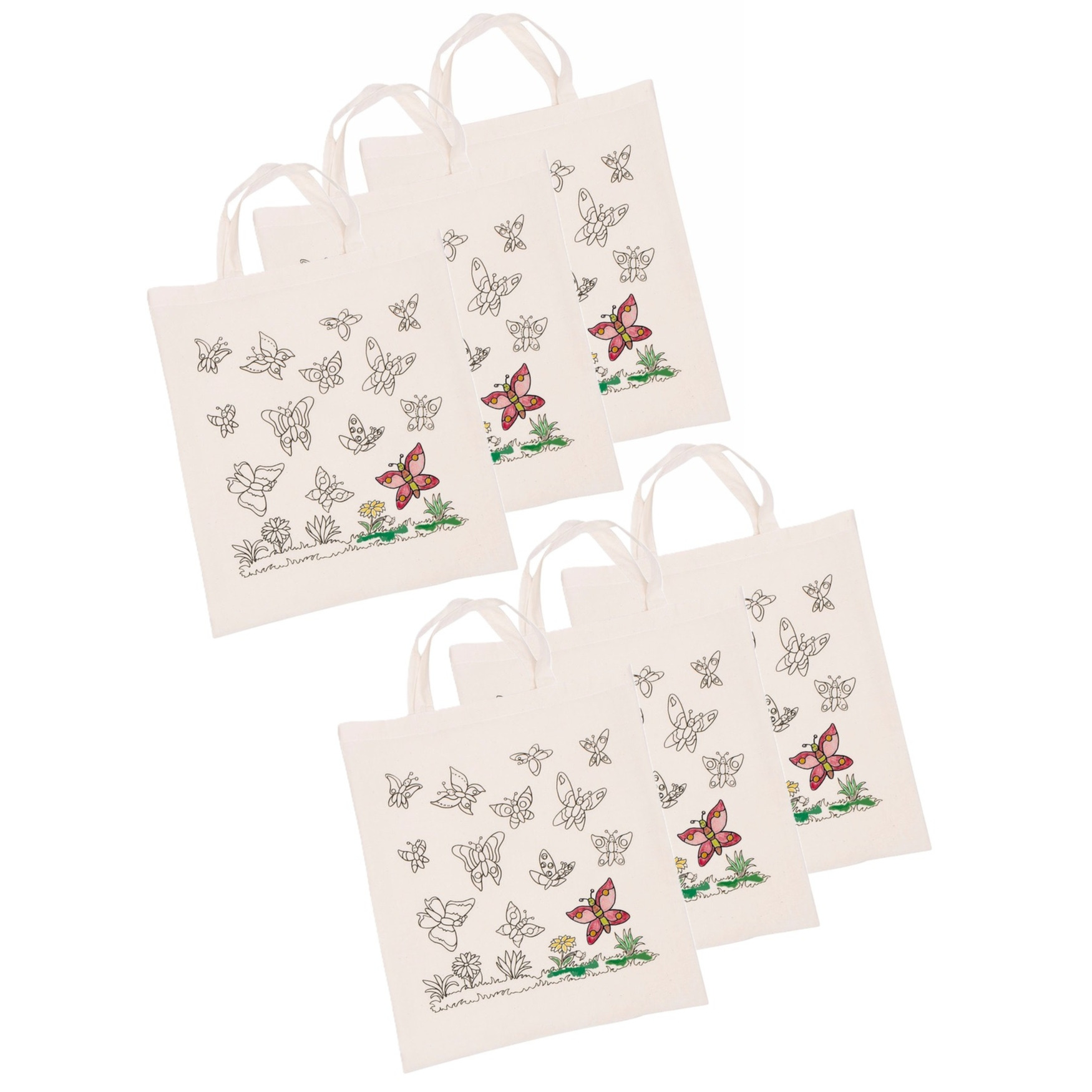 Inkleurbaar tasje DIY - 6x - vlinder motief - 38 x 42 cm - fairtrade katoen -