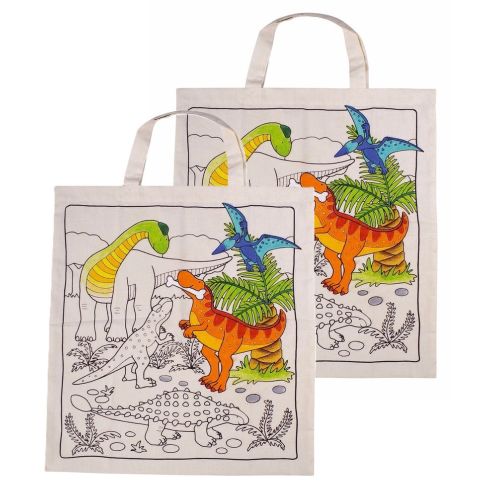Inkleurbaar tasje DIY - 2x - dinosaurus motief - 38 x 42 cm - fairtrade katoen -