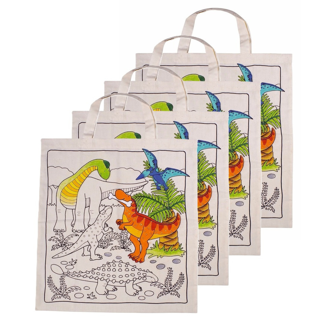 Inkleurbaar tasje DIY - 4x - dinosaurus motief - 38 x 42 cm - fairtrade katoen -