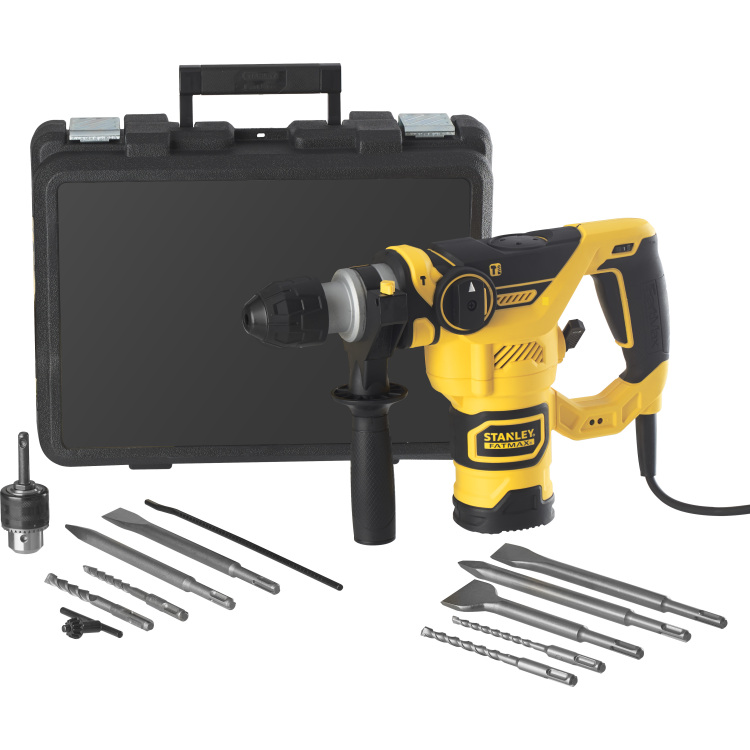 Stanley FATMAX 1250W Pneumatische boorhamer met 3-delige beitelset boorhamer SDS+, met koffer