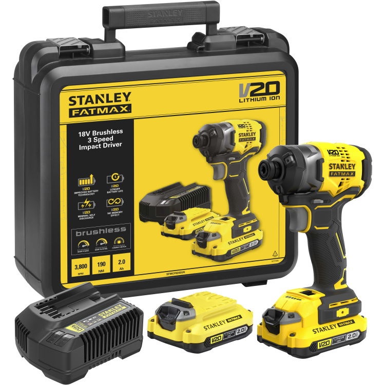 Stanley FATMAX V20 18V 2x2.0Ah Brushless Slagschroevendraaier schroevendraaier 3 snelheden, 2 accu's en lader inbegrepen