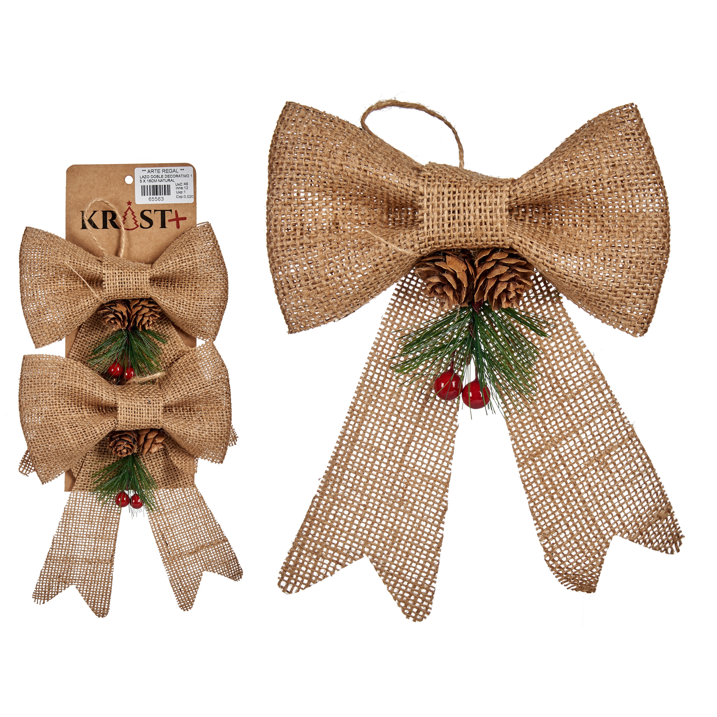 Kerststrikjes kersthangers - 2x - beige glitters - 15 x 16 cm - jute - kerstversiering -