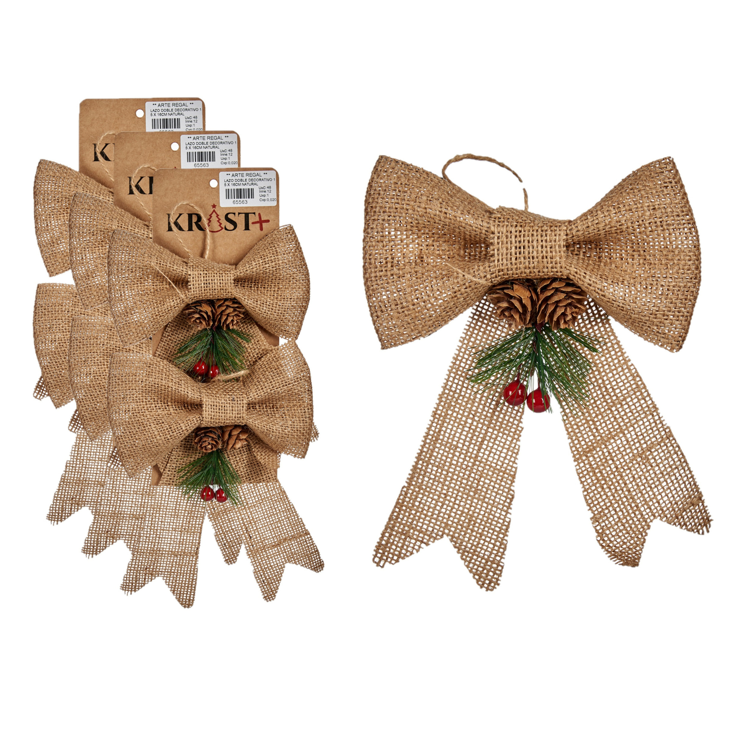 Kerststrikjes kersthangers - 6x - beige glitters - 15 x 16 cm - jute - kerstversiering -