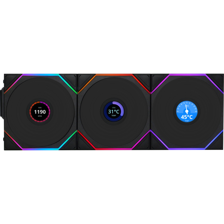 Lian Li UNI FAN TL120 LCD Reverse Blade Wireless Triple Pack case fan 4-pin PWM + 1x 9-pin USB, Incl. controller