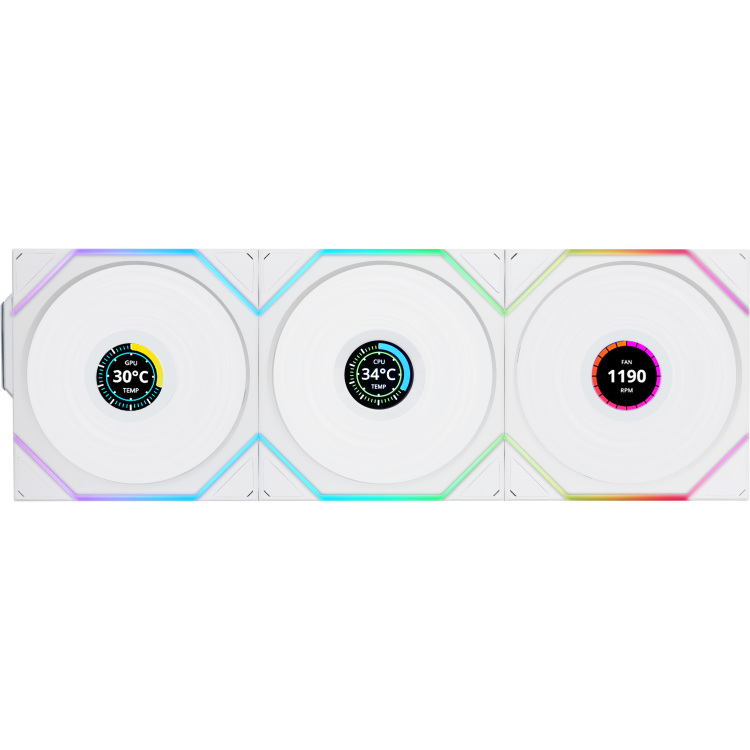 Lian Li UNI FAN TL120 LCD Reverse Blade Wireless Triple Pack case fan 4-pin PWM + 1x 9-pin USB, Incl. controller