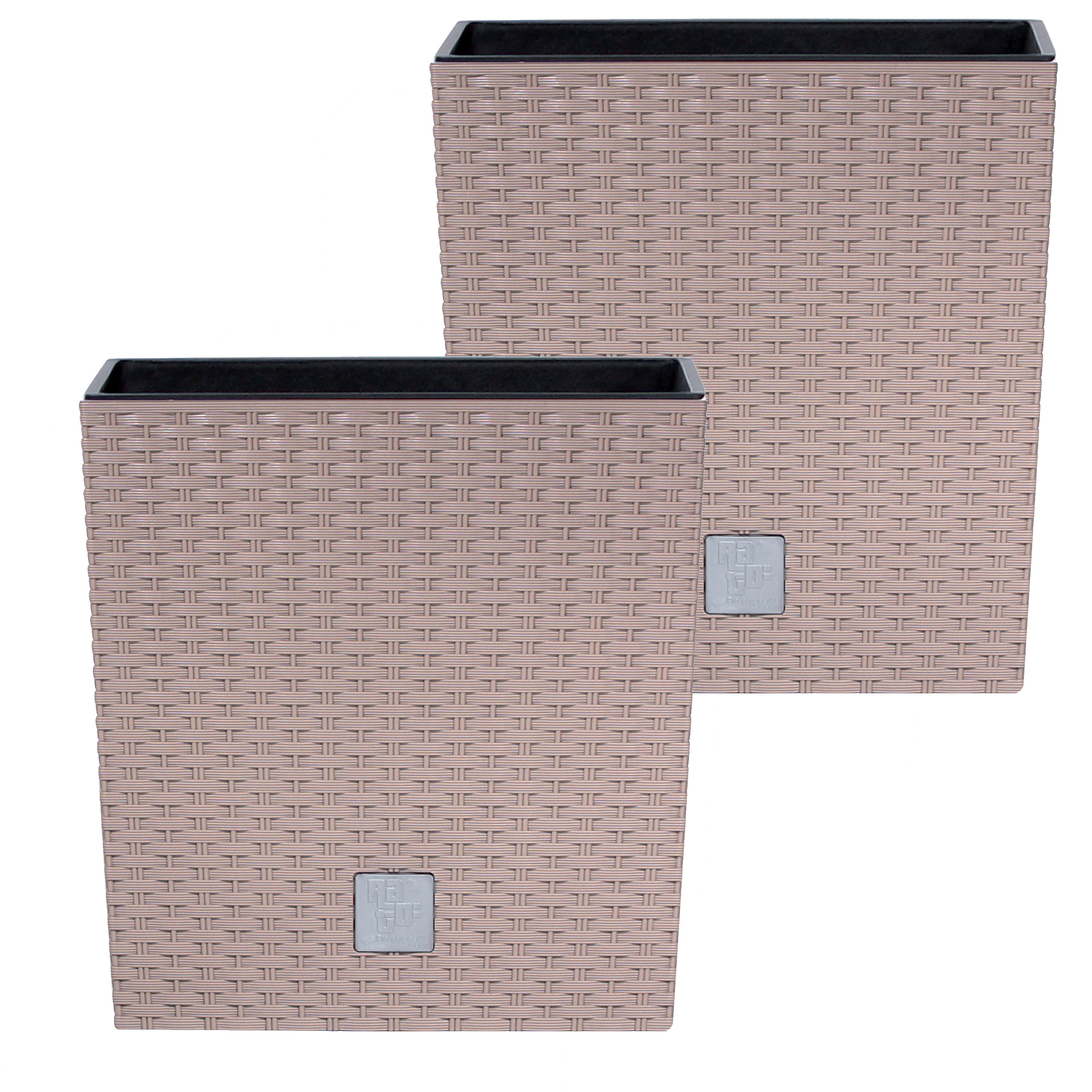 Bloempot/plantenpot Rato - 2x - rotan look - met binnenpot - taupe - 40 x 40 x 41 cm - kunststof -