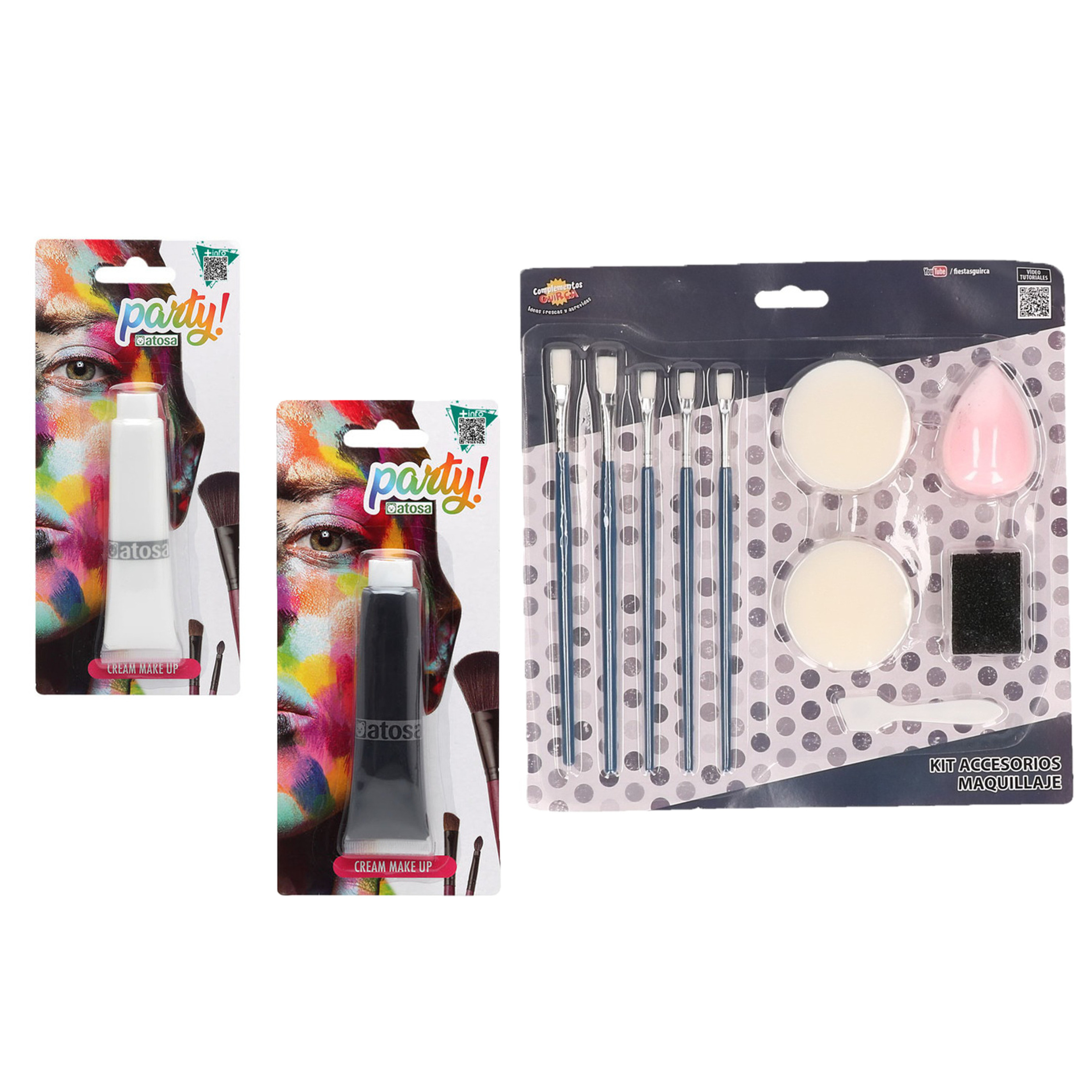 Atosa schmink set 2x basis kleuren - wit/zwart - 30 ml - met schmink gereedschap 10-delig -