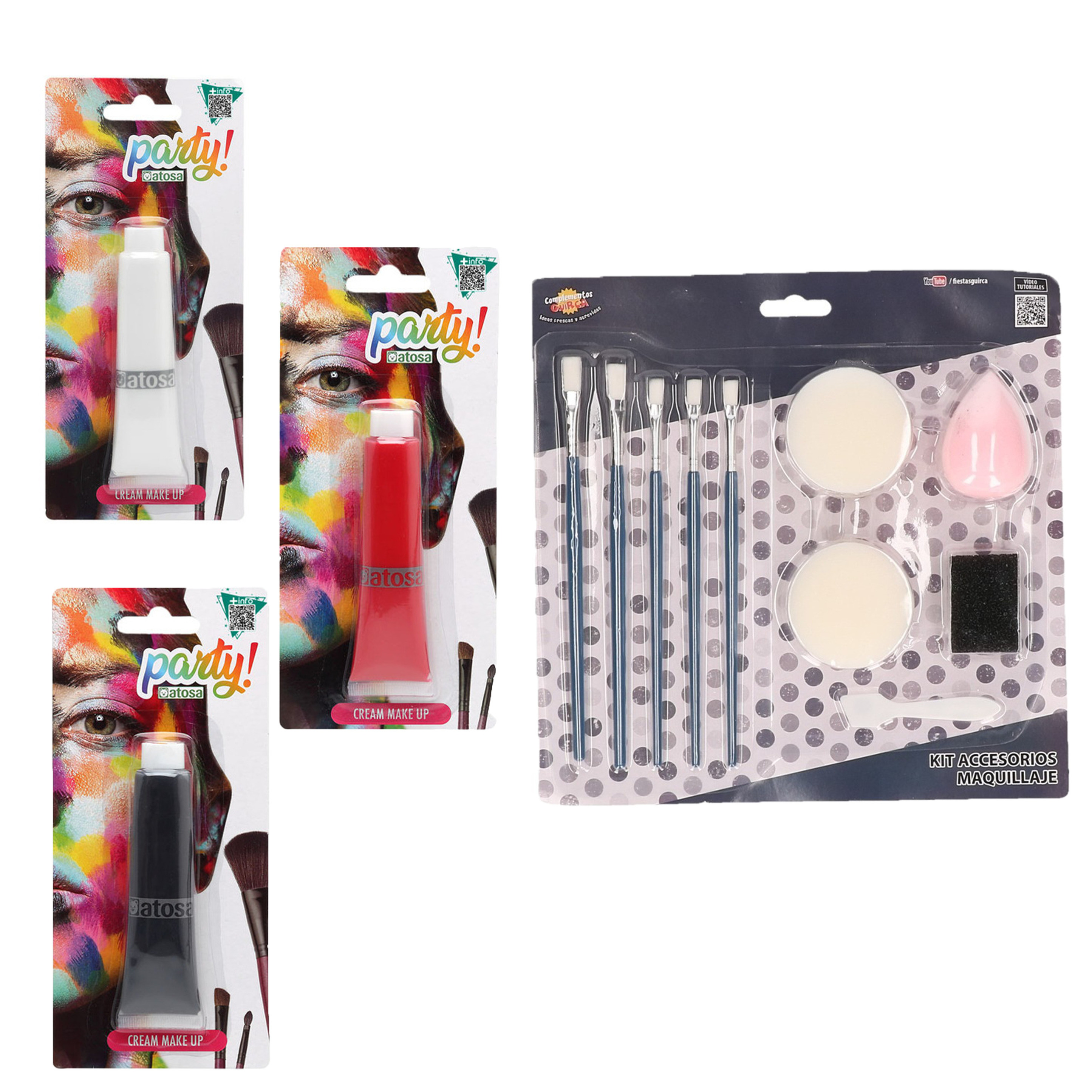 Atosa schmink set 3x basis kleuren - wit/rood/zwart - 30 ml - met schmink gereedschap 10-delig -