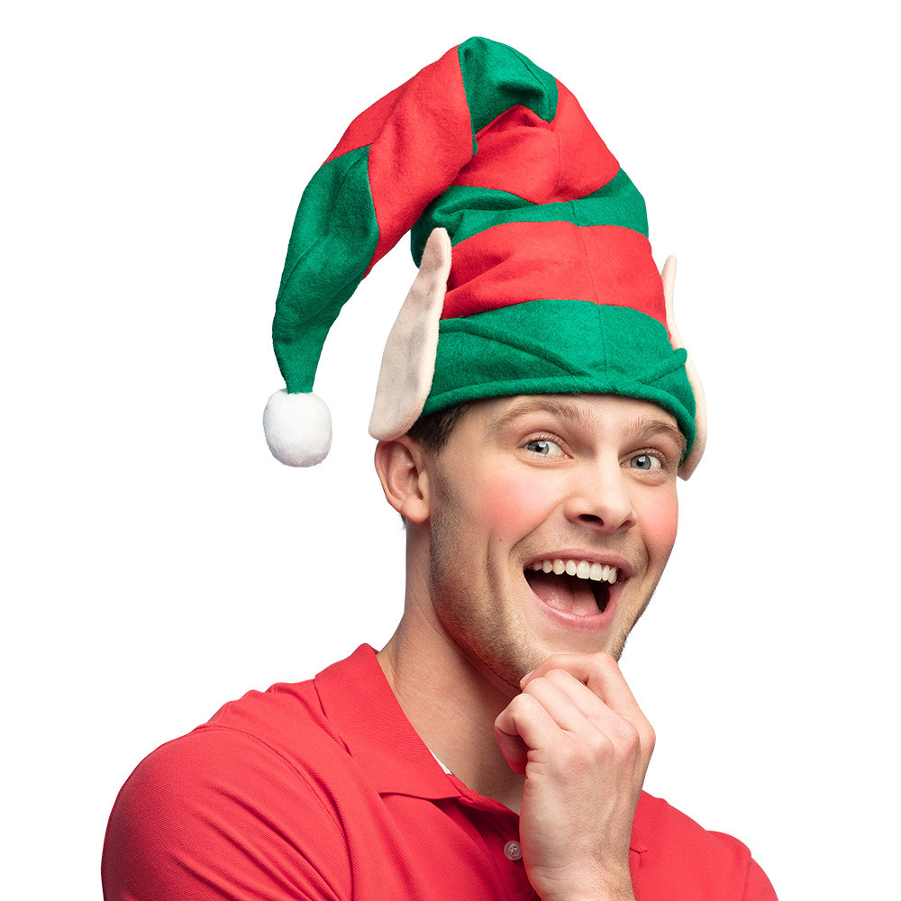 Kerstmuts Elf - met oren - rood/groen - one size - polyester - voor volwassenen -