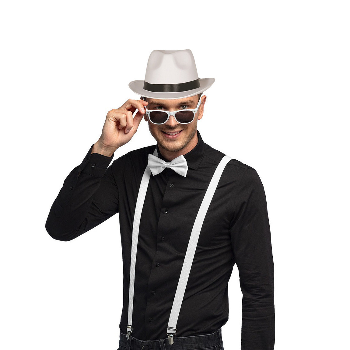 Carnaval verkleedset Gangster - hoed/bretels/bril/strikje - wit - heren/dames - verkleedkleding -
