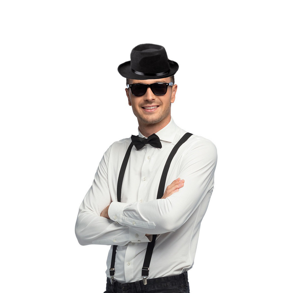 Carnaval verkleedset Gangster - hoed/bretels/bril/strikje - wit - heren/dames - verkleedkleding -