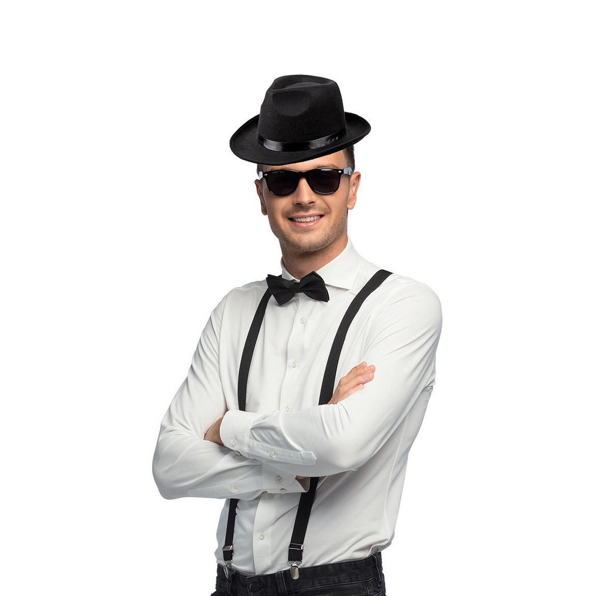 Carnaval verkleedset Gangster - hoed/bretels/bril/strikje - zwart - heren/dames - verkleedkleding -
