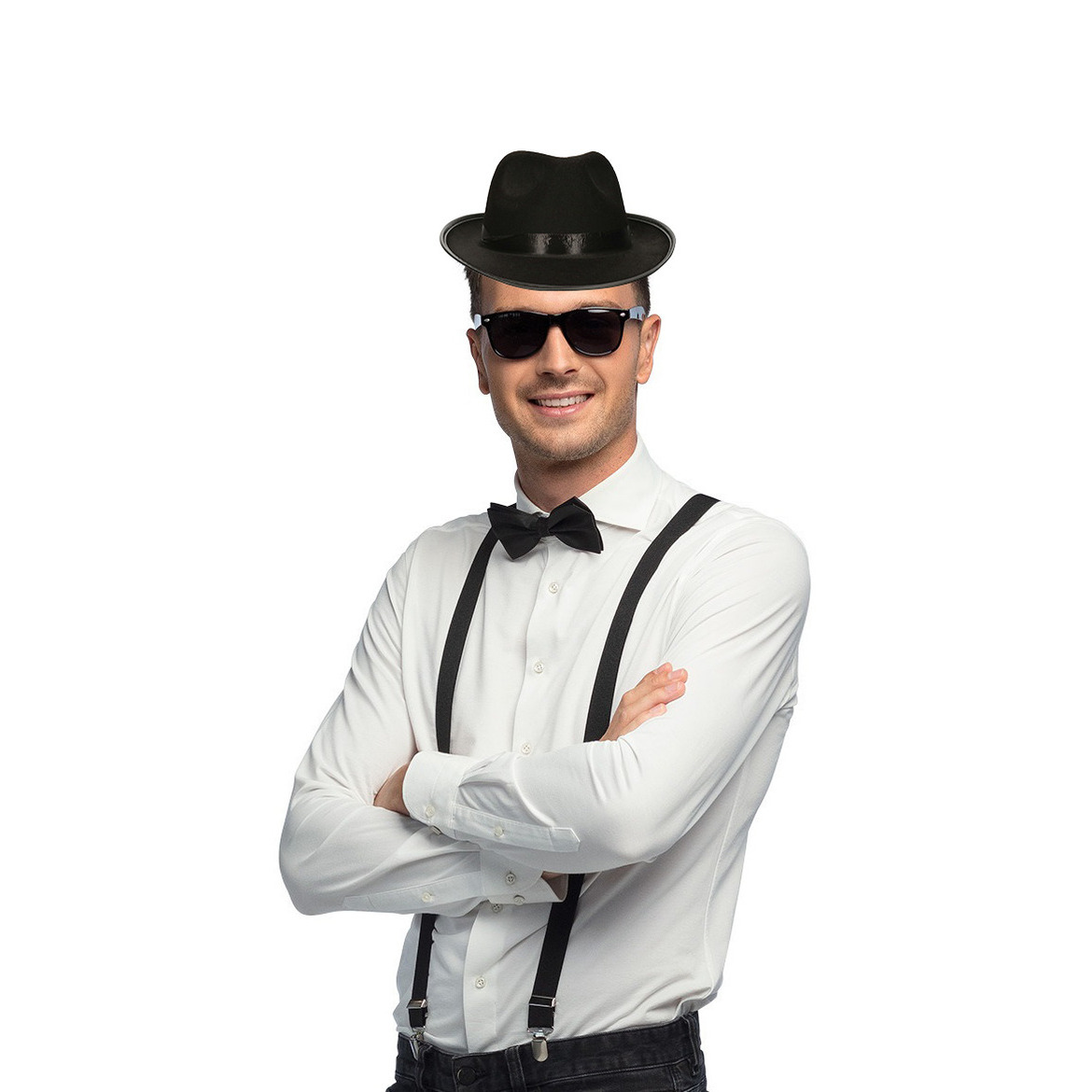 Carnaval verkleedset Gangster - hoed/bretels/bril/strikje - zwart - heren/dames - verkleedkleding -