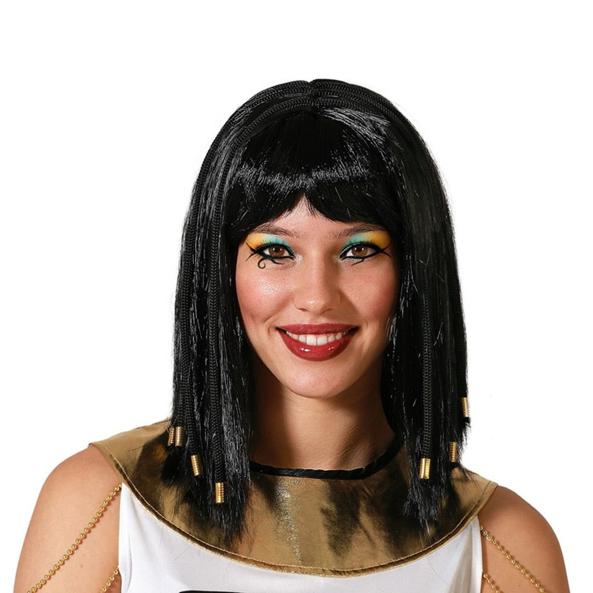 Verkleedpruik Dames - zwart - Prinses uit Egypte - half lang haar - met kralen -