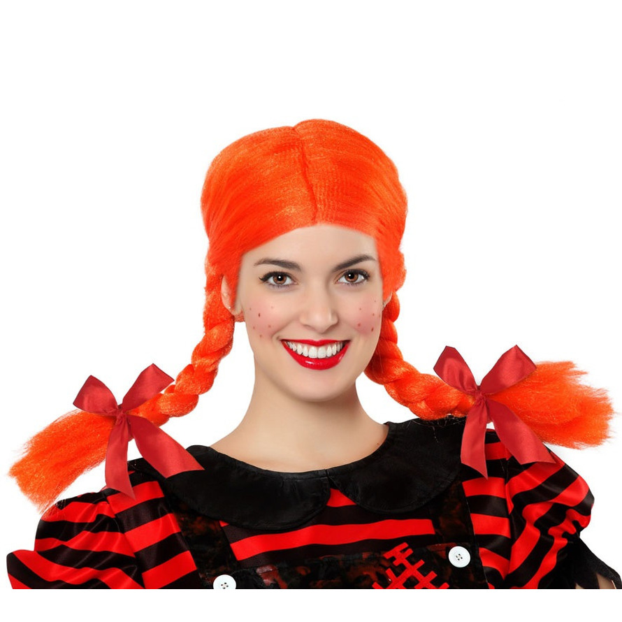 Verkleedpruik Dames Pippie - Oranje - Met lange vlechtjes - lang haar - Holland - Nederland -