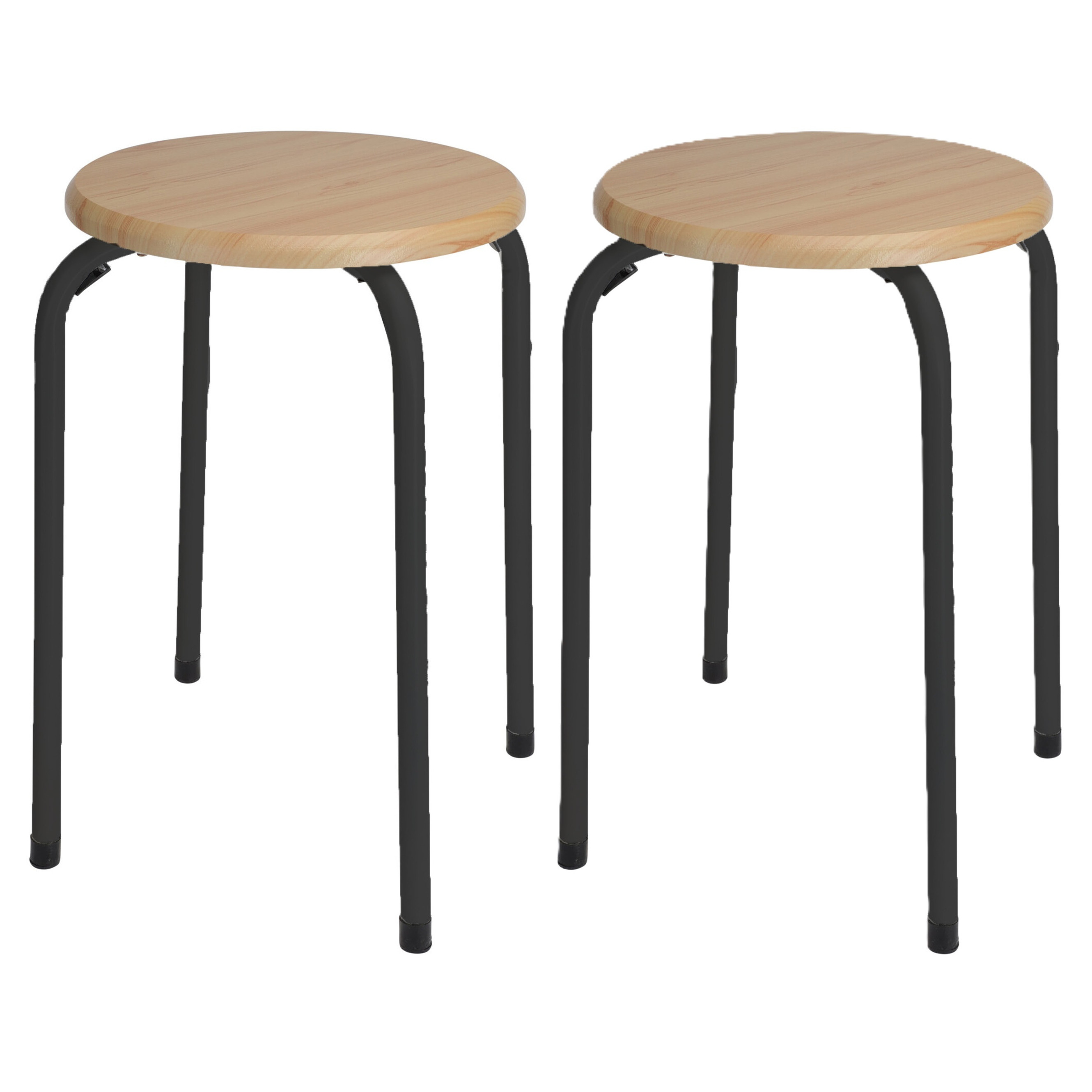 Bijzet krukje/zit krukje Maurits - 2x - metaal/hout - zwart - D37 x H45 cm -