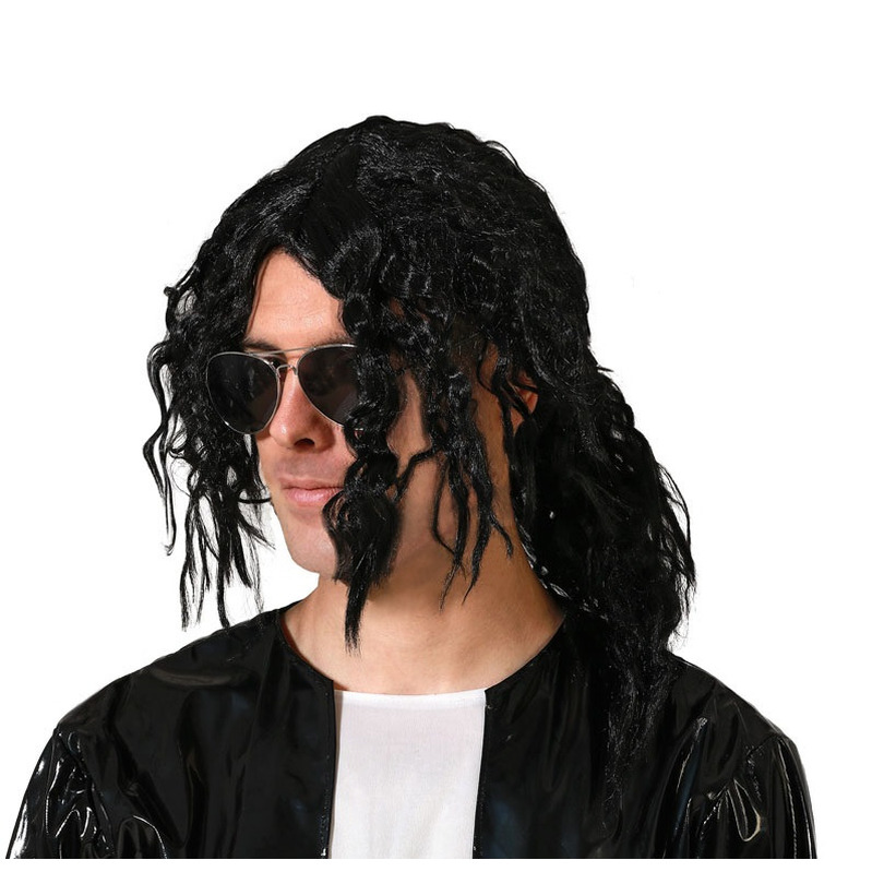 Verkleedpruik popstar Michael voor heren - zwart - Amerikaanse muzikant - Carnaval - half lang haar -