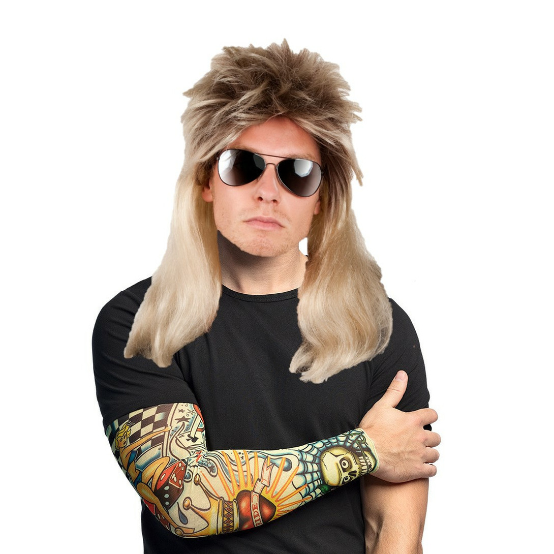 Rocker/Biker verkleedset heren - wilde carnaval verkleed pruik - met 2 Tattoo sleeves -
