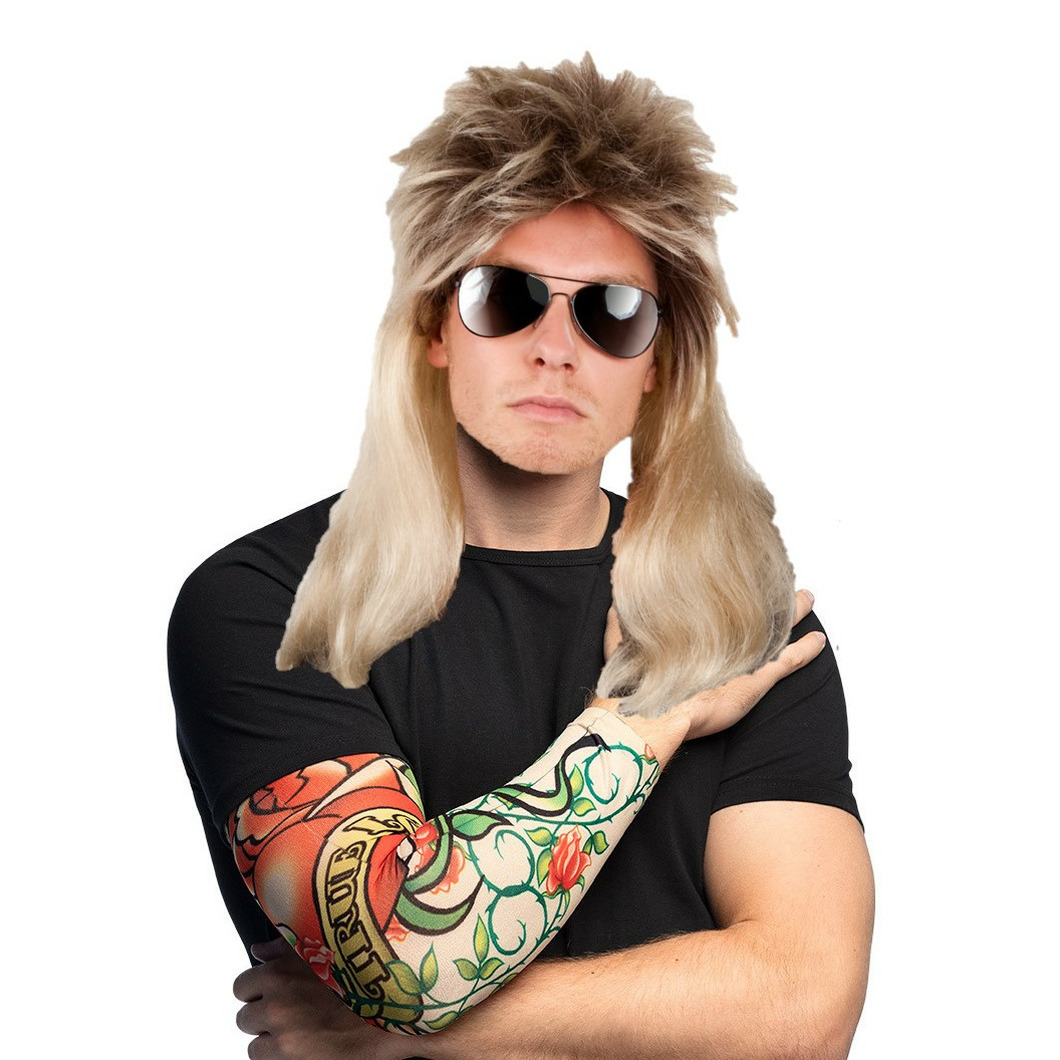 Rocker/Biker verkleedset heren - wilde carnaval verkleed pruik - met 2 Tattoo sleeves -