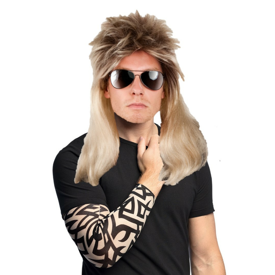 Rocker/biker verkleed set heren - carnaval verkleed pruik blond haar - met 2 Tattoo sleeves -