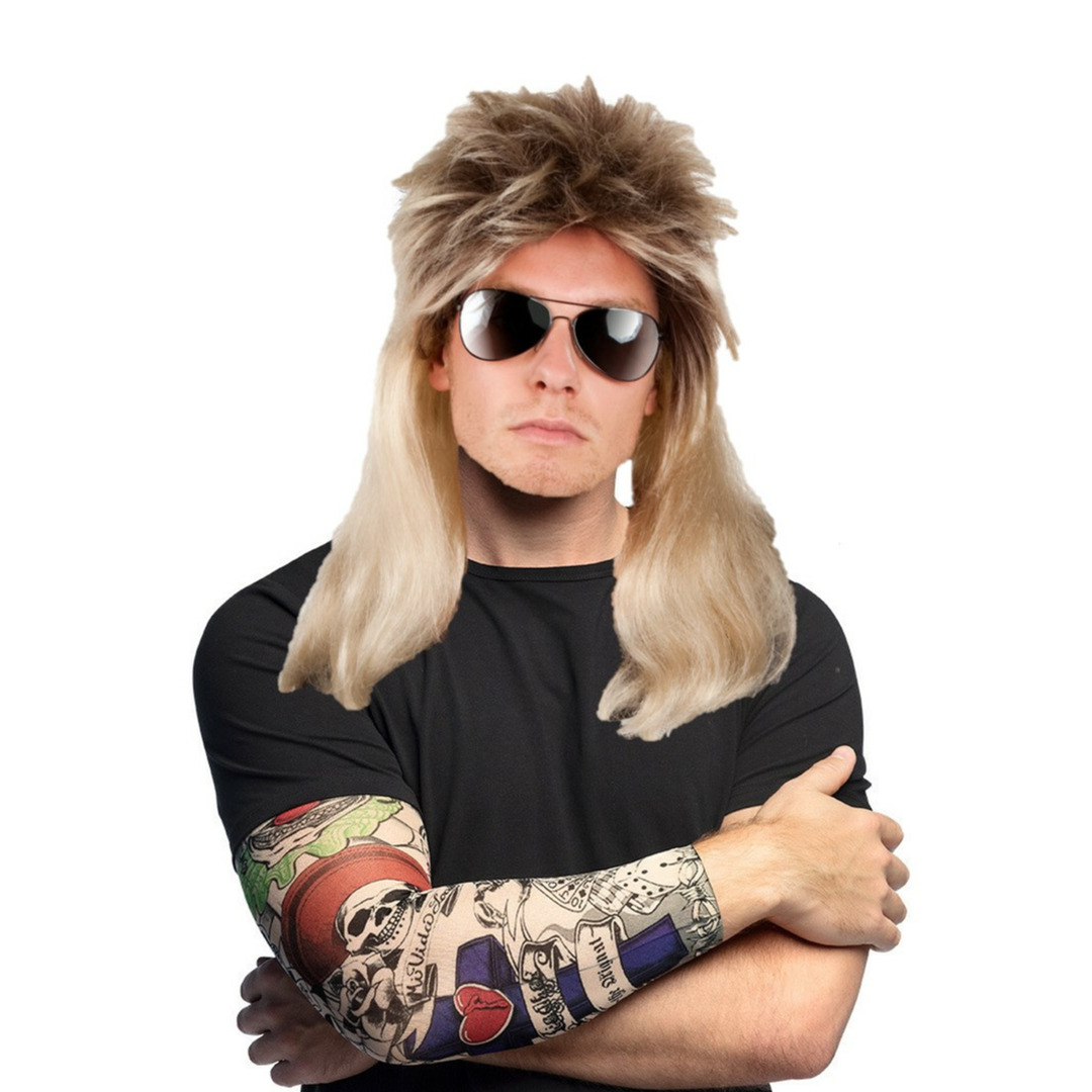 Rocker/biker verkleed set heren - carnaval verkleed pruik blond haar - met 2 Tattoo sleeves -