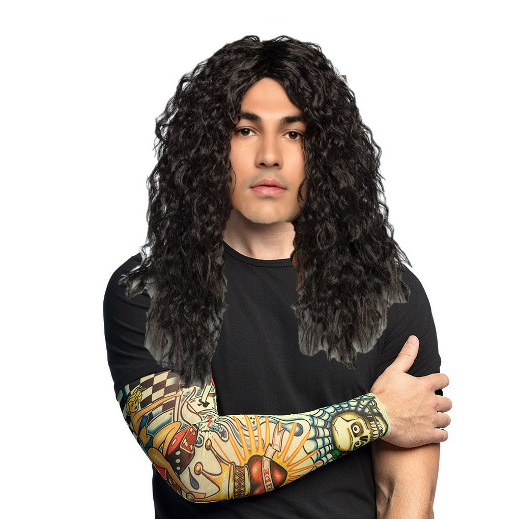Verkleed setje heren Bikers/Rockers - carnaval verkleedpruik zwart - met setje Tattoo sleeves -