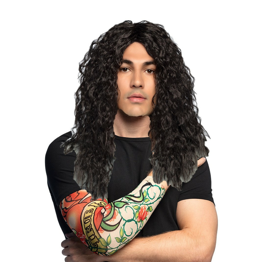Verkleed setje heren Bikers/Rockers - carnaval verkleedpruik zwart - met setje Tattoo sleeves -