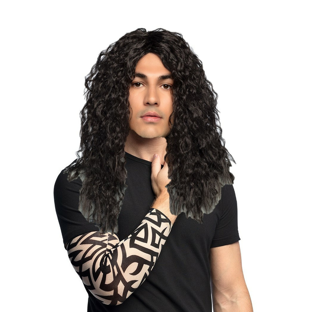 Verkleed setje heren Bikers/Rockers - carnaval verkleedpruik zwart - met setje Tattoo sleeves -