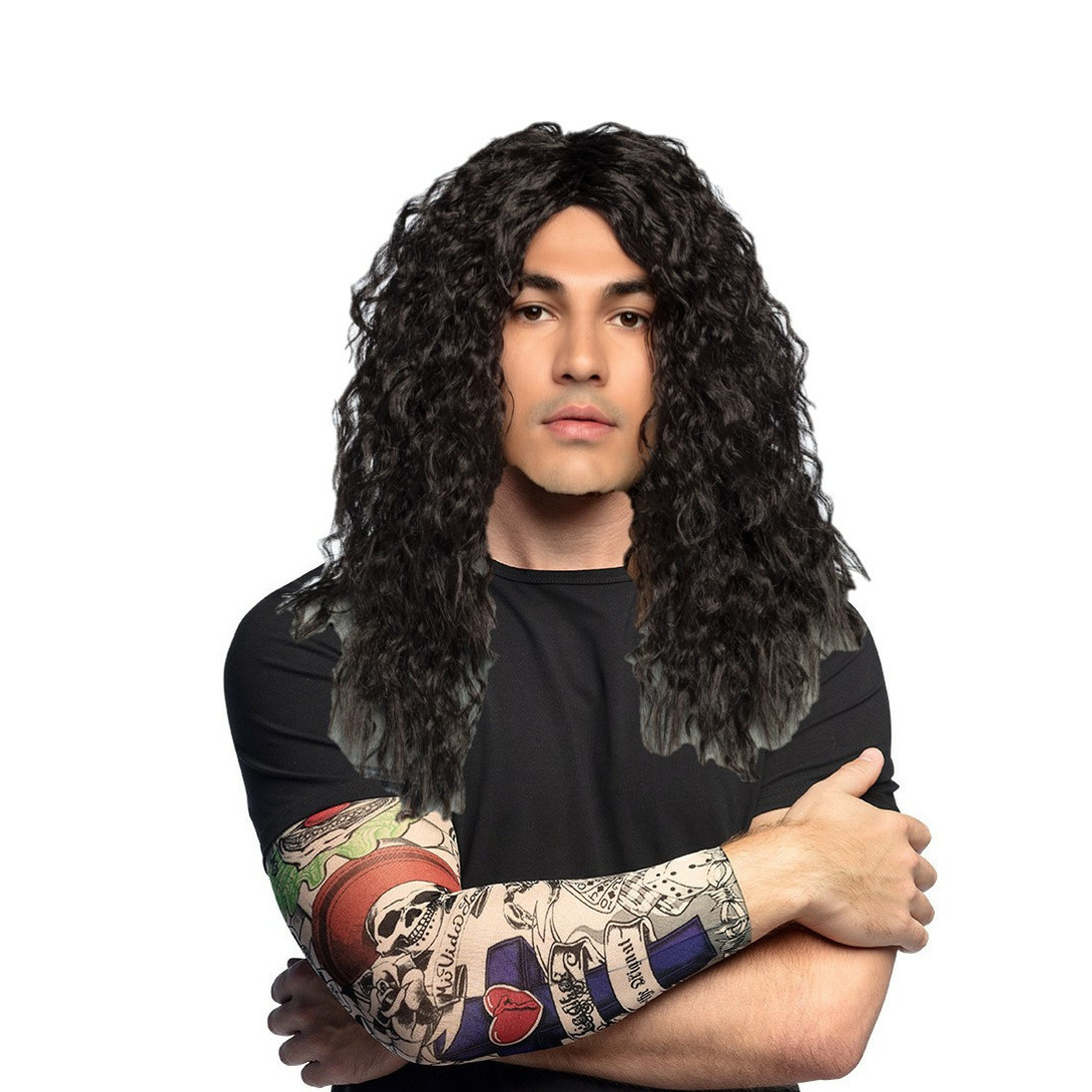 Verkleed setje heren Bikers/Rockers - carnaval verkleedpruik zwart - met setje Tattoo sleeves -