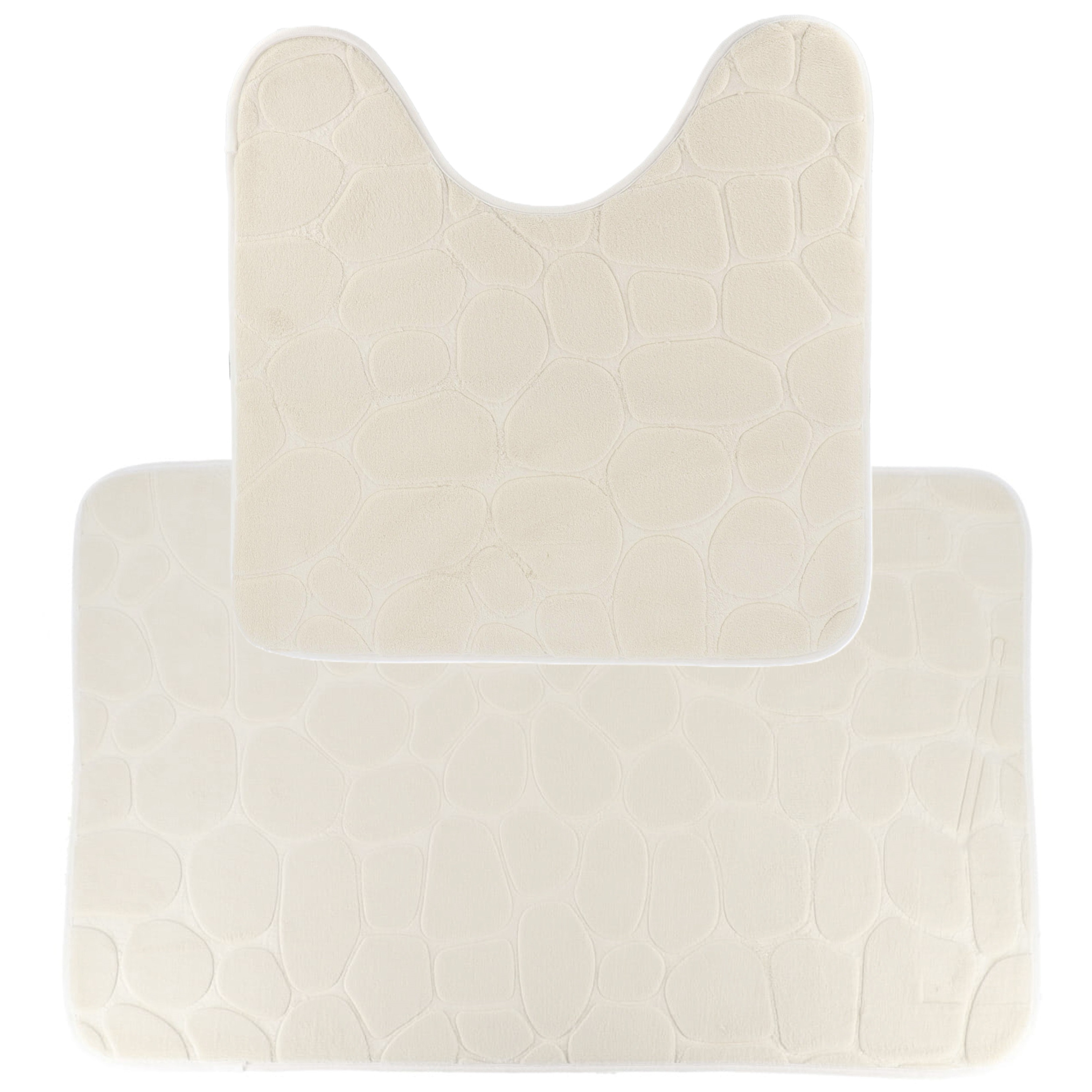 Tendance Badkamer Matten set Pebble - toilet en bad mat - creme wit - memory foam - microfiber -