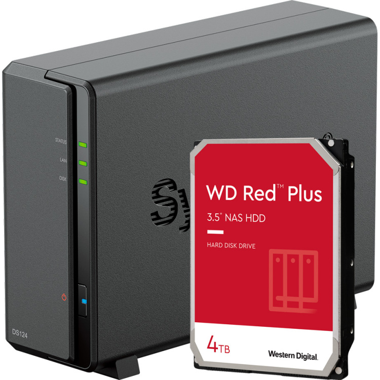 Synology DiskStation DS124 incl. 1x WD Red Plus 4 TB harde schijf nas USB-A 3.2 (5 Gbit/s)