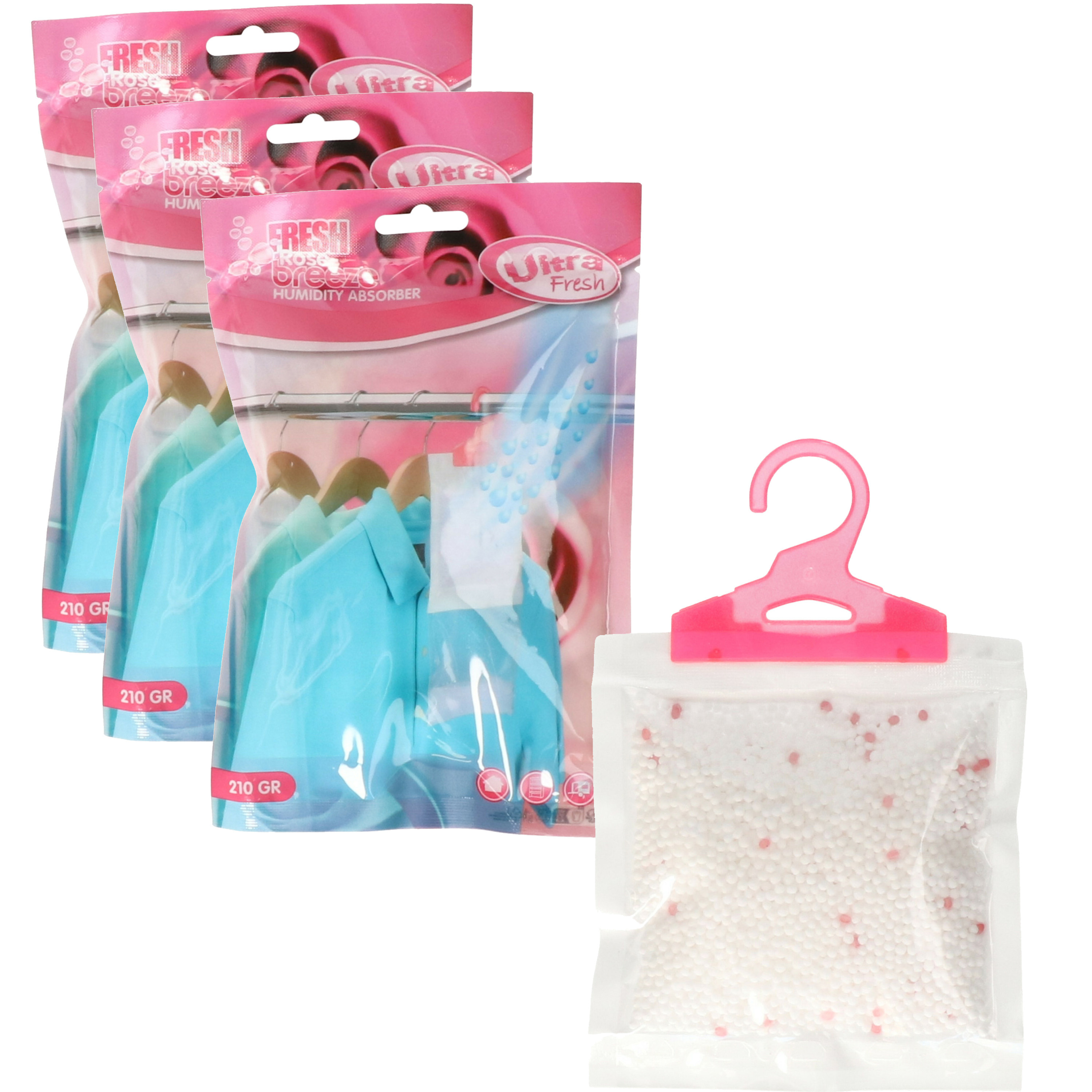 Ultra Fresh Vochtopnemer met geur - 3x - roos - vochtonttrekker - tegen schimmel en geur - 210 gram -