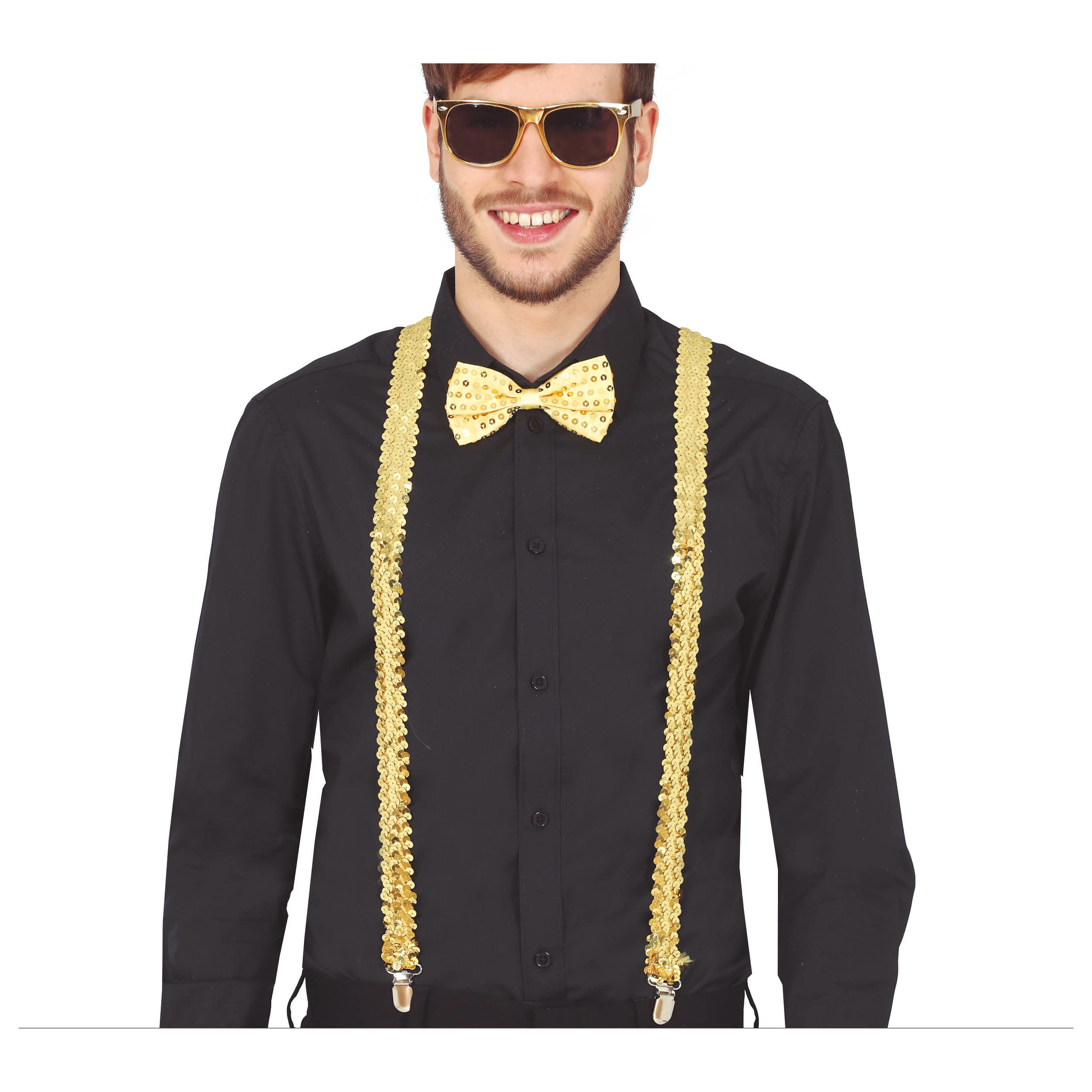 Carnaval verkleed set - bretels/party bril/vlinderstrikje - goud - volwassenen/heren/dames -