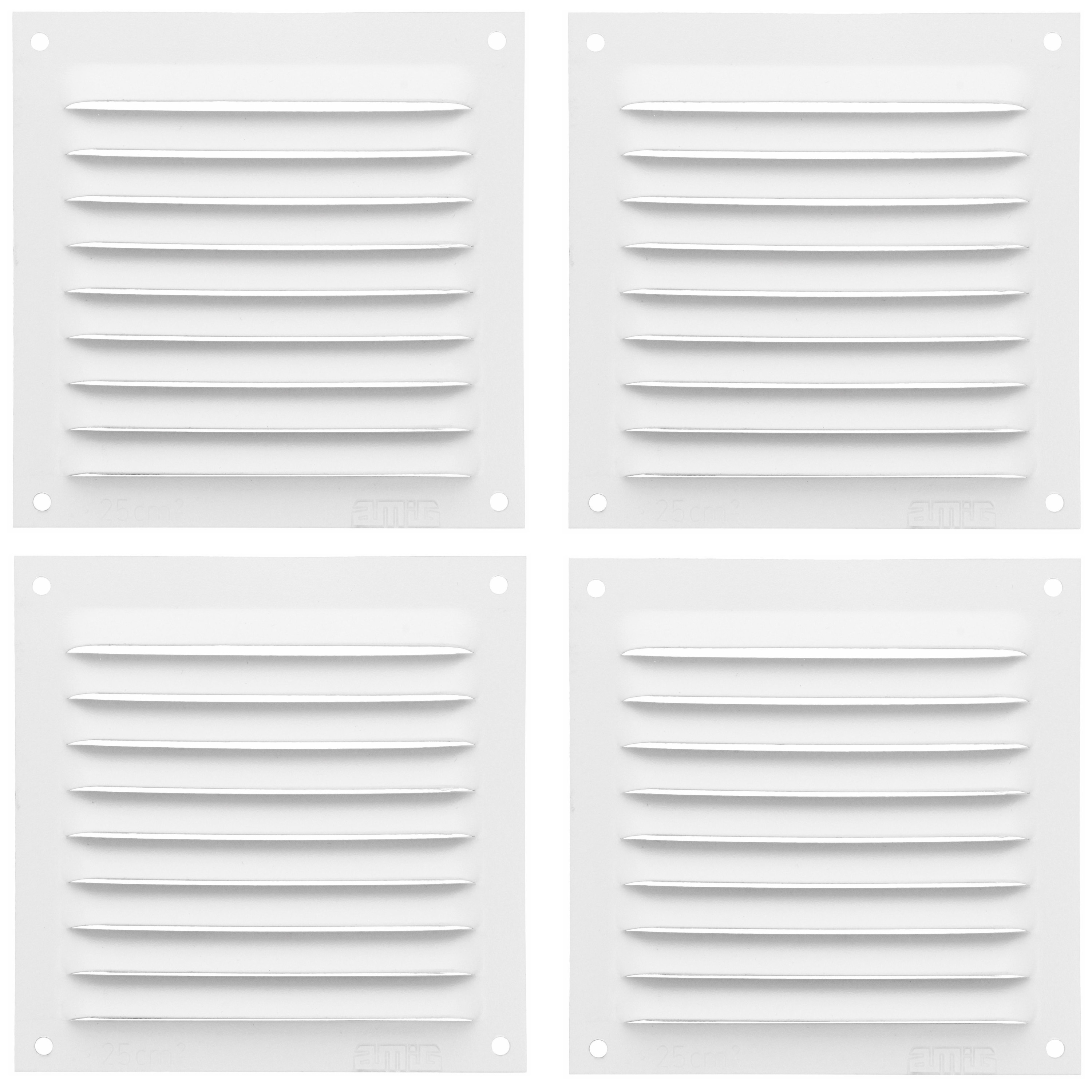 AMIG Ventilatierooster/muurrooster - 4x - 100 x 100mm - aluminium - wit - schoepenrooster -