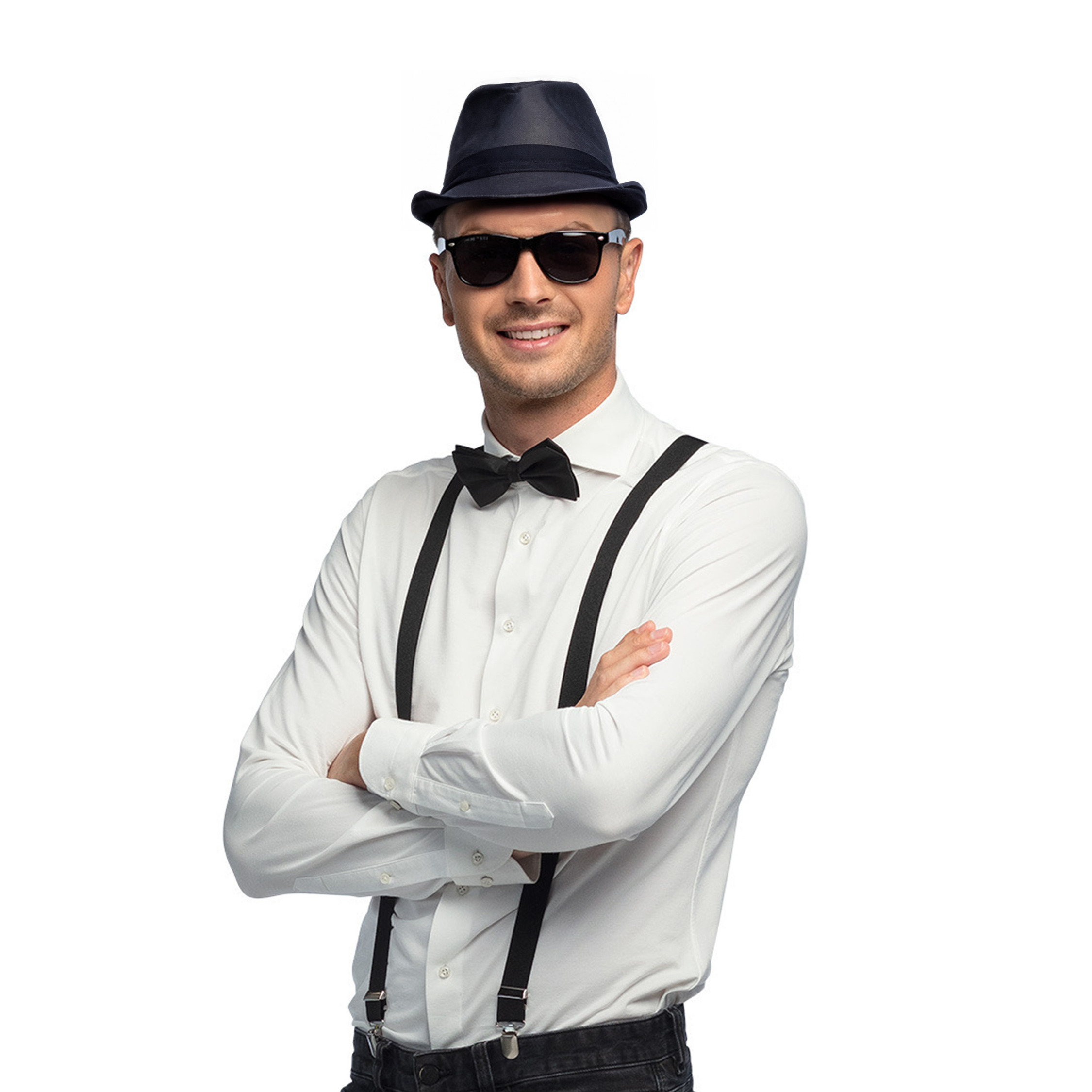 Carnaval verkleedset Gangster - hoed/bretels/bril/strikje - zwart - heren/dames - verkleedkleding -