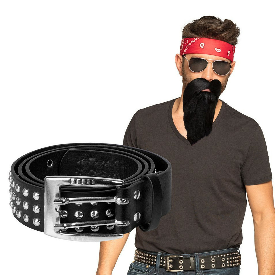 Verkleed setje Biker/Rocker - Heren - Bandana/riem/baard met snor -