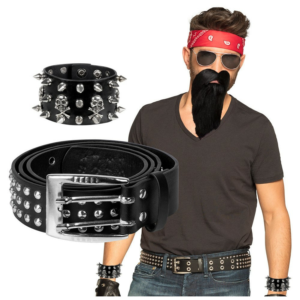 Verkleed setje Biker/Rocker - Heren - Bandana/riem/armband/baard met snor -