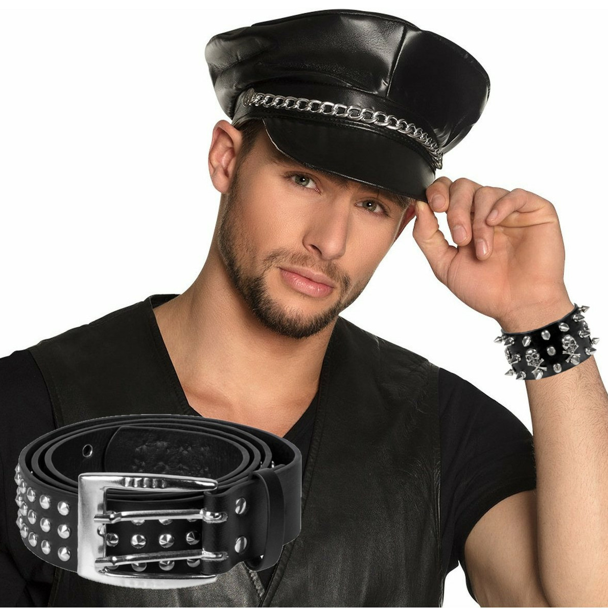 Verkleed setje Biker/Rocker - Heren - pet/riem en armband met studs - zwart -