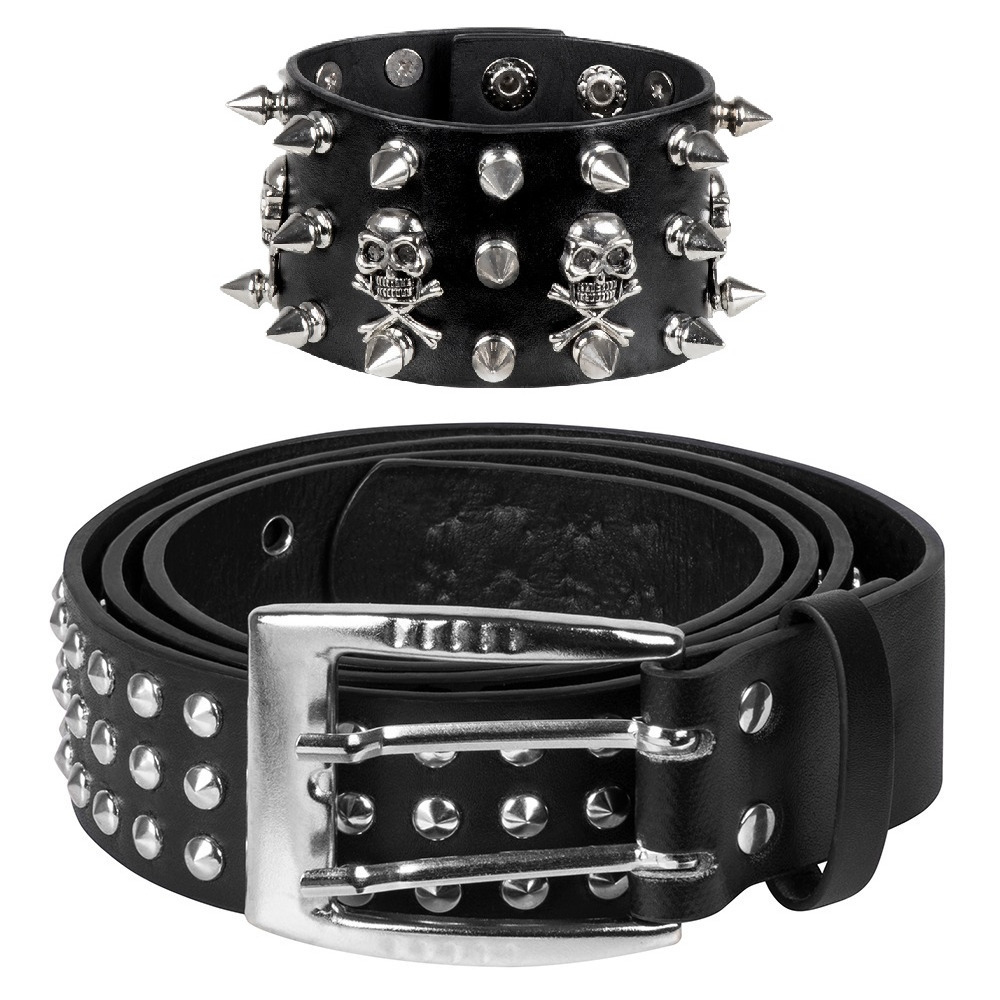 Verkleed setje Biker/Rocker - Heren - riem en armband met studs - zwart -