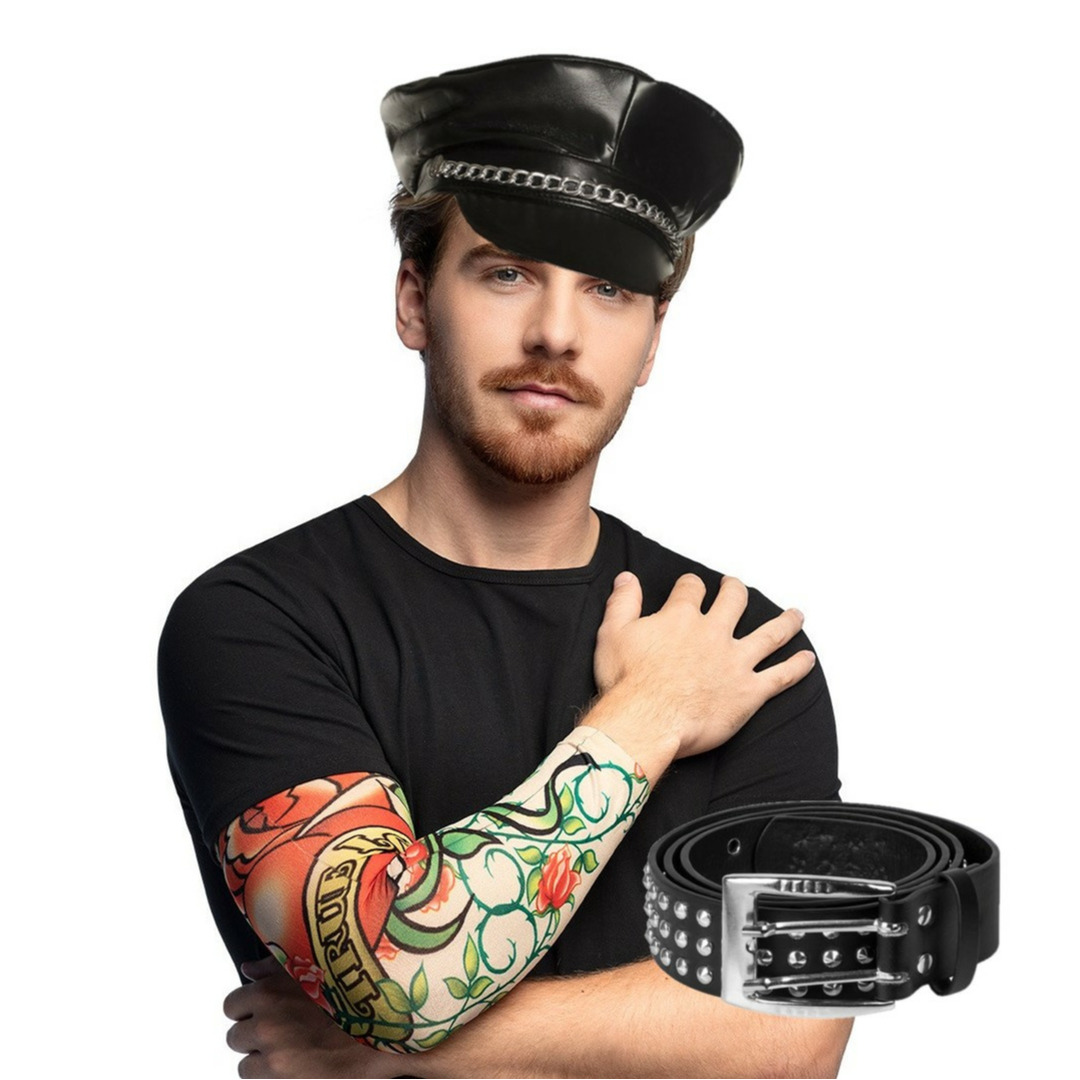 Carnaval Verkleed set Rocker/Biker - Heren - pet/riem en arm sleeves met tattoos -