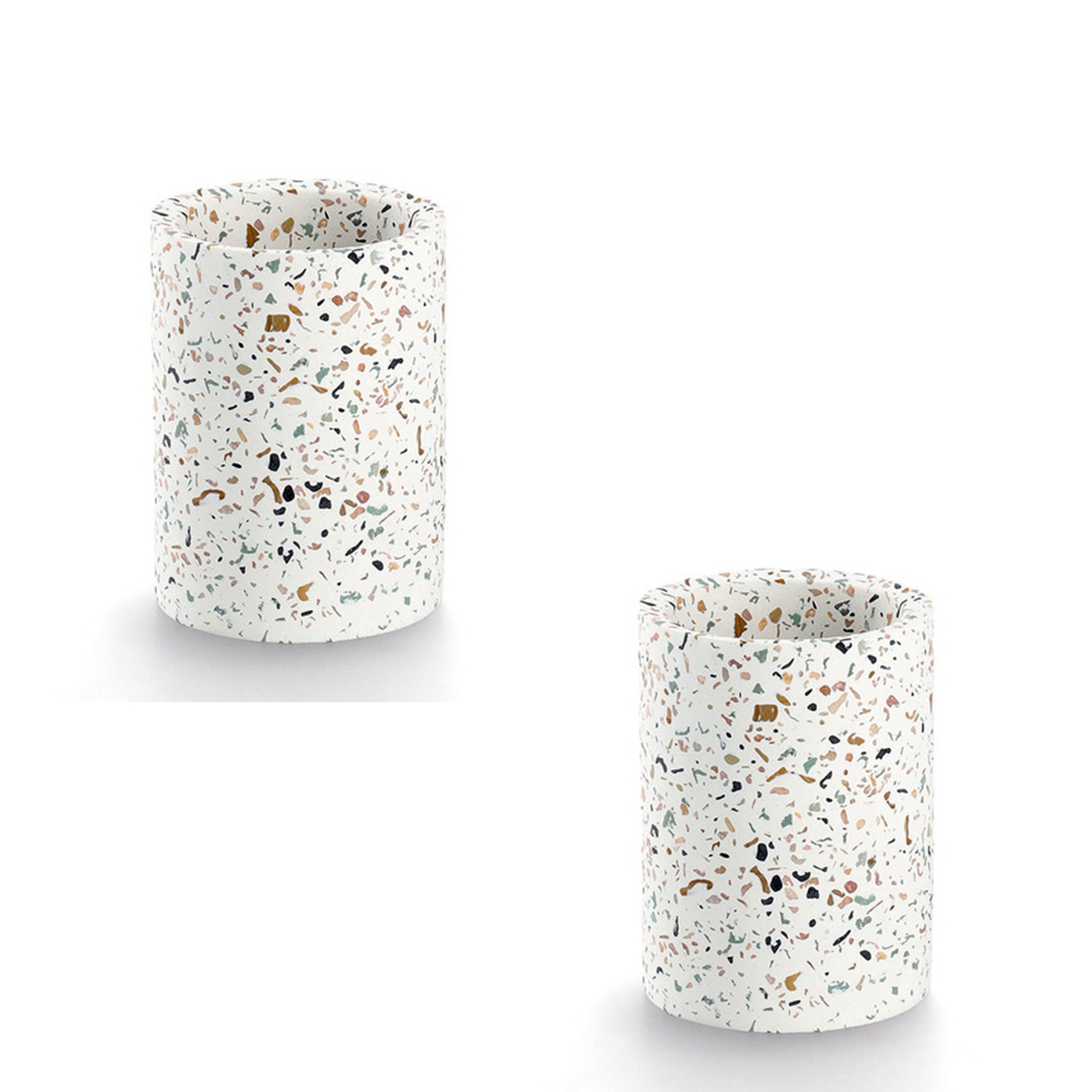 Tandenborstel beker/houder - 2x - wit - terrazzo design - keramiek - rond - 8 x 11 cm -