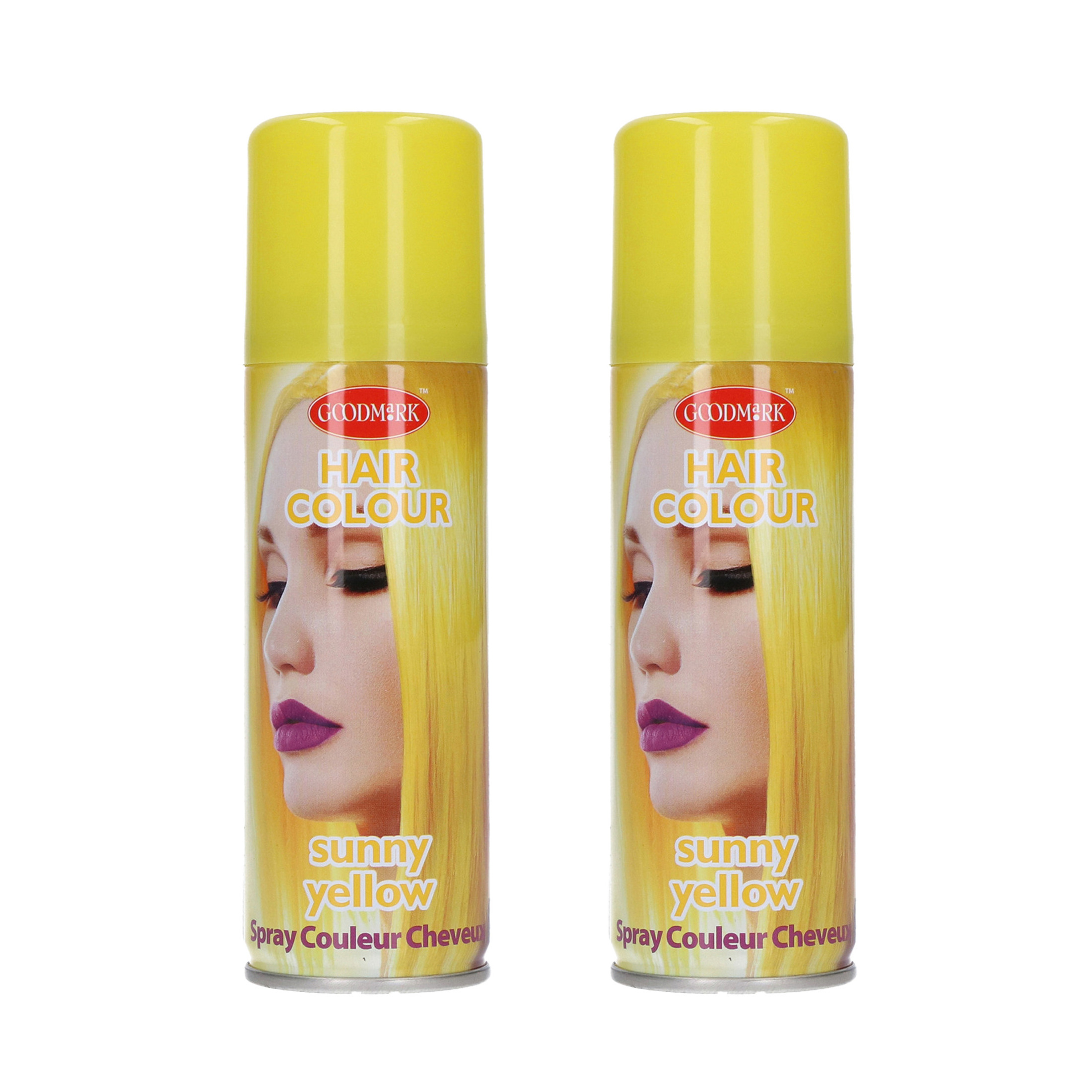 Haarspray of haarverf - 2x - kleur geel - verkleed accessoires - 125 ml - volwassenen en kinderen -