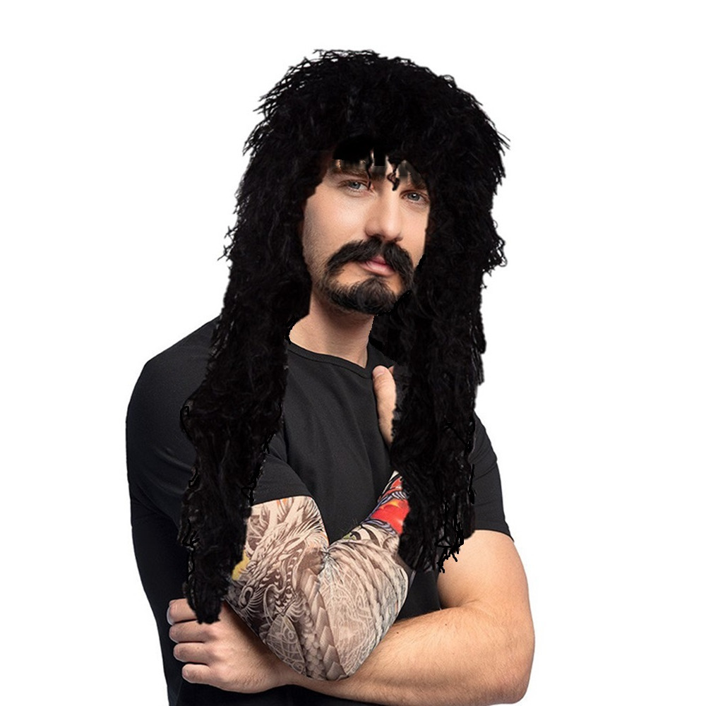Carnaval Verkleed set Rocker/Biker - Heren pruik zwart en arm sleeves met tattoos -
