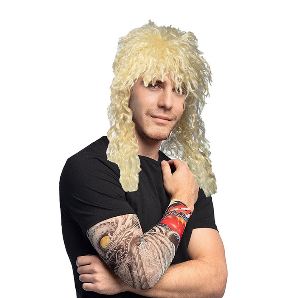 Carnaval Verkleed set Rocker/biker - Heren pruik blond en arm sleeves met tattoos -