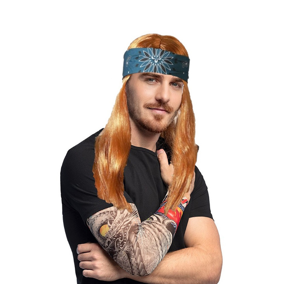 Carnaval Verkleed set Rocker/biker - Heren pruik bruin met haarband en arm sleeves met tattoos -