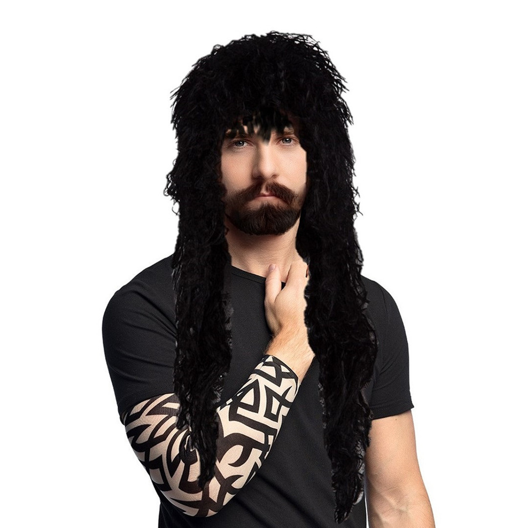 Carnaval Verkleed set Rocker/biker - Heren pruik zwart en arm sleeves met tattoos -