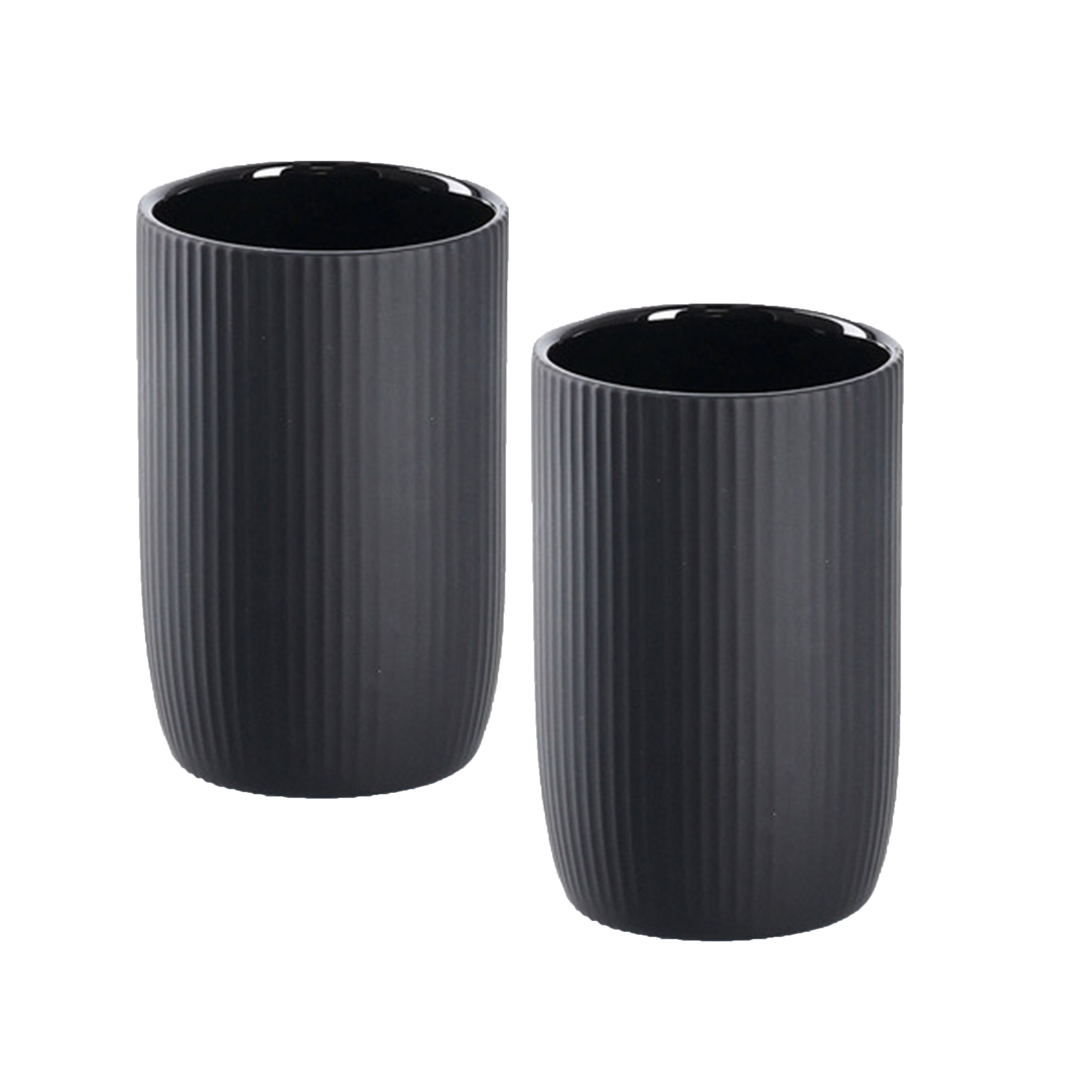 Tandenborstel beker/houder - 2x - keramiek - zwart - mat - rond - 8 x 12 cm -