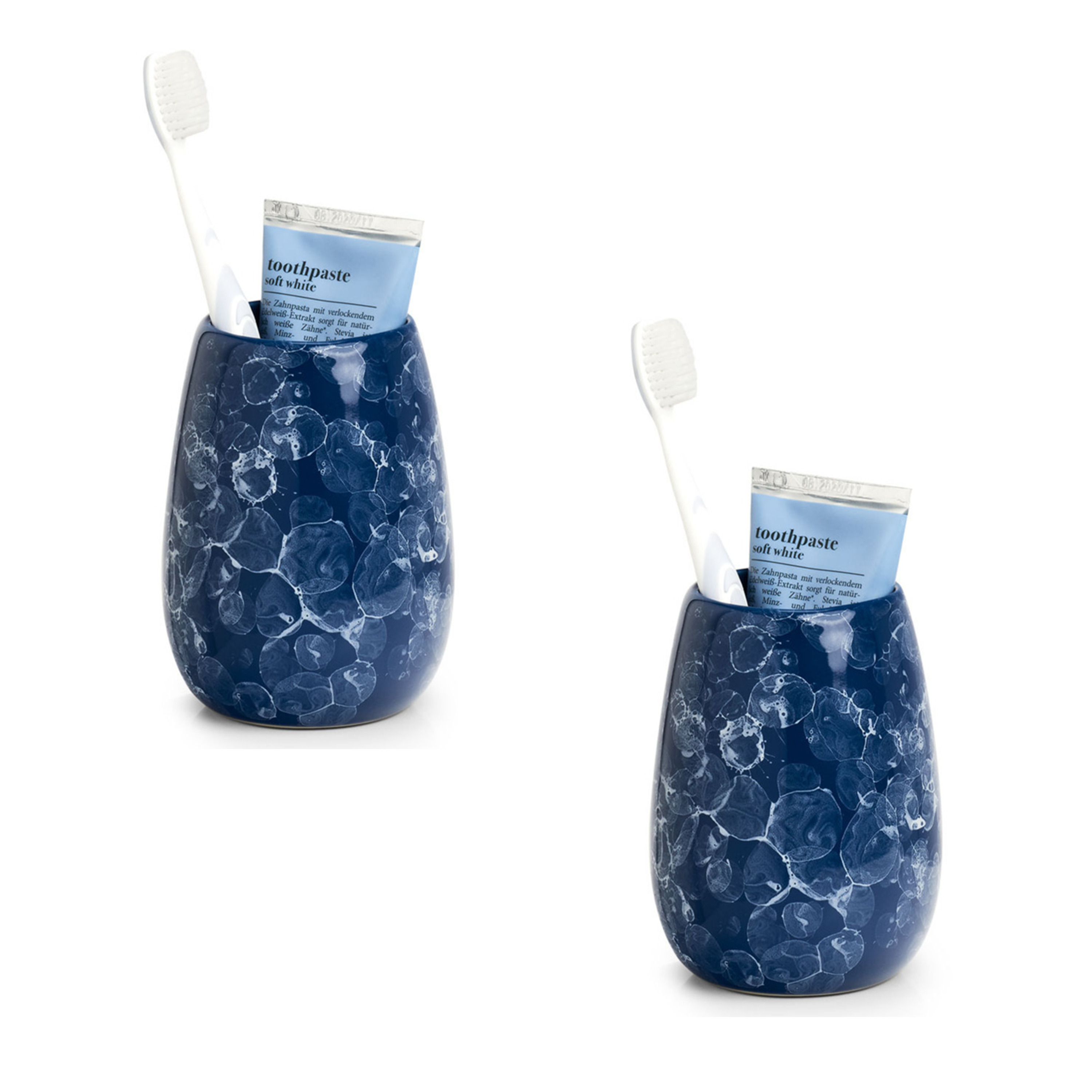 Tandenborstelhouder - 2x - keramiek - marmerlook blauw - 8 x 11 cm -