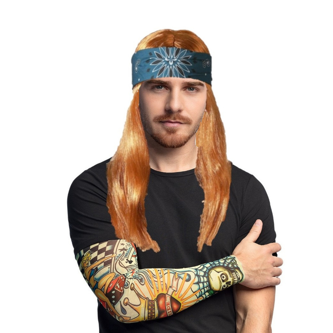 Carnaval Verkleed set Rocker/biker - Heren pruik bruin met haarband en arm sleeves met tattoos -